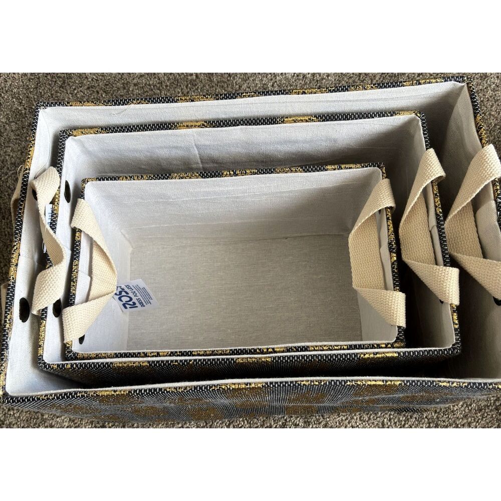 Blk /Gold Pineapple 3 Nesting Rectangle Storage Closet Organizer Bins w/ Handles